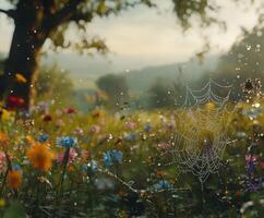 Morning dew glistens on a spider web in a meadow photo