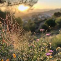 Morning dew glistens on a spider web at sunrise photo