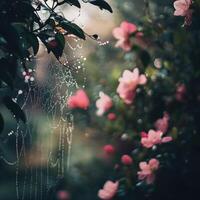 Morning dew glimmers on a spider web among blooming flowers photo