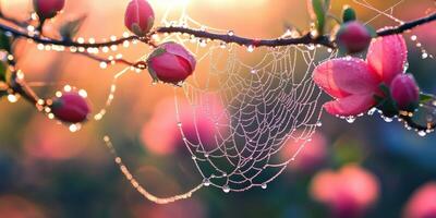 Dew-covered spider web on blooming branches at dawn photo
