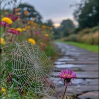 Dew-covered spider web glistens next to blooming flowers photo
