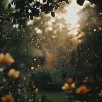 Morning sunlight illuminates a dew-covered spider web photo