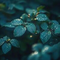 Droplets glisten on leaves in tranquil evening light photo
