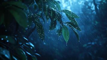 Raindrops on leaves in the rain photo