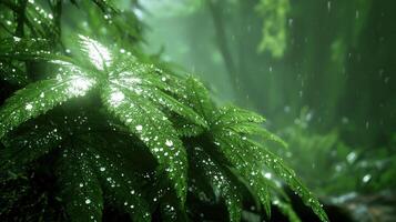 Lush green foliage glistening in rain within a dense forest photo