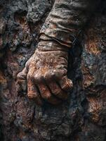 A dirty hand holding onto a rock photo
