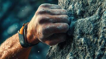 Close grip of a climber scaling a rocky mountain photo
