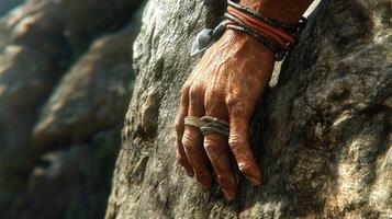 Climber's hand gripping a rocky surface in natural setting photo