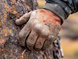 Climber gripping a rocky surface during an outdoor ascent photo