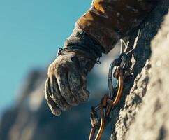 A person's hand holding onto a chain on a rock photo