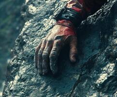 A man's hand is on a rock photo