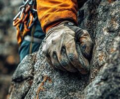 A person wearing gloves on a rock wall photo
