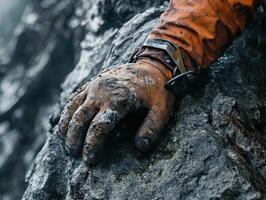 A person's hand is on a rock with mud on it photo