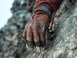 Climber grips rock with dusty hand during challenging ascent photo