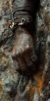 Climber grips rugged rock face during ascent in nature photo