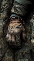 A man's hand is covered in dirt and mud photo