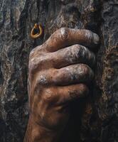 Climber grips rough rock face with chalked hand in nature photo