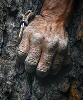 A man's hand holding a rope on a rock photo