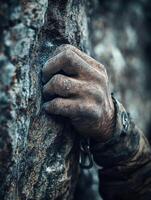 A man's hand is holding onto a rock photo