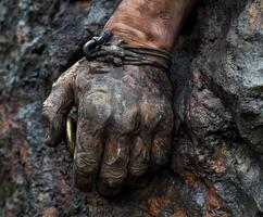 Climber gripping a rock surface with determination and strength photo