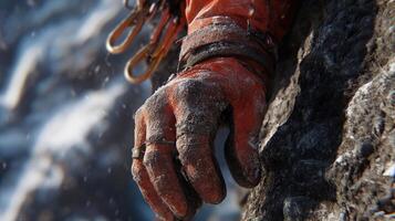 Climber grips rocky surface in cold mountain environment photo