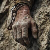 A close up of a man's hand holding onto a rock photo