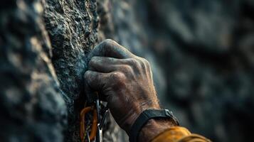 A hand holding a rock climbing up a mountain photo