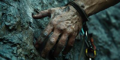 A person's hand is holding onto a rock photo