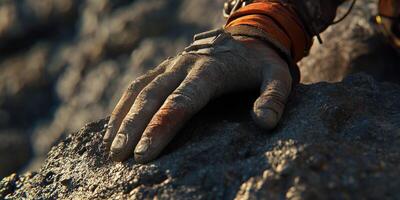 A close up of a person's hand on a rock photo