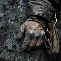 Climber gripping rocky surface during a challenging ascent photo