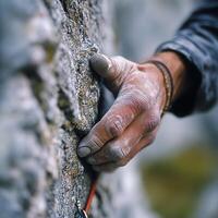 Climbing hand gripping rugged rock surface during ascent photo