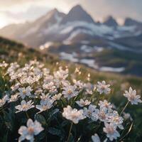 Blooming flowers illuminate a mountain landscape at dusk photo