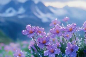 Beautiful purple flowers with dew in a mountainous landscape photo