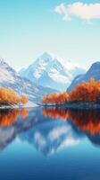 un lago con arboles y montañas en el antecedentes foto
