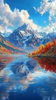 An artistic painting of a mountain range and lake photo