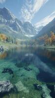 Scenic mountain landscape with clear lake and autumn trees photo
