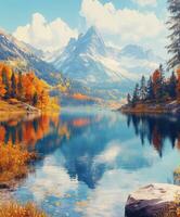 Stunning autumn landscape with mountains and clear lake photo