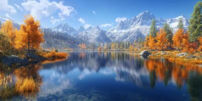 Autumn landscape reflecting mountains and trees at lake photo