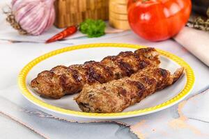 Two meat skewers on a plate with vegetables photo