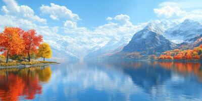 Majestic mountains and vibrant autumn trees by the lake photo