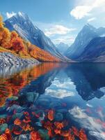 Autumn colors reflect on serene mountain lake landscape photo