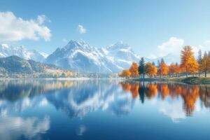 Serene autumn lake reflecting mountains and colorful trees photo