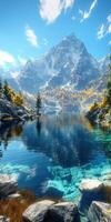 Majestic mountains reflect in a tranquil blue lake photo