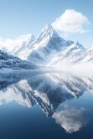 Snowy mountain peaks reflected in serene lake water photo