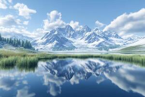 Snow-capped mountains and reflective lake under blue skies photo