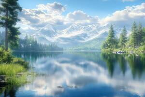 Mountain lake reflects vibrant sky with lush greenery photo