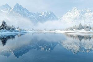 Snowy mountain landscape reflecting on calm lake at dawn photo