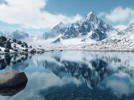 Snow-capped mountains reflect in a tranquil lake photo