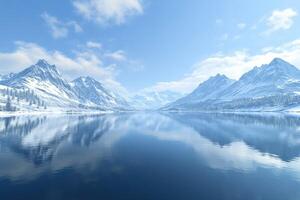 Majestic snowy mountains reflecting in serene lake photo