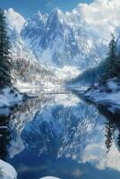 Majestic mountains reflecting in a serene winter lake photo